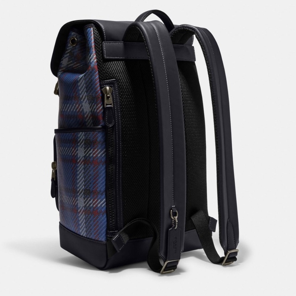 Coach Leather Backpack Blue Track Plaid Laptop Travel Carry On Bag‎ Quiet Luxury - Picture 6 of 13